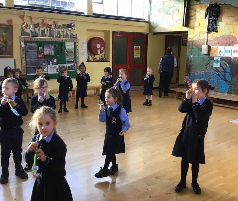 Junior Infants launched straw rockets for 6th class